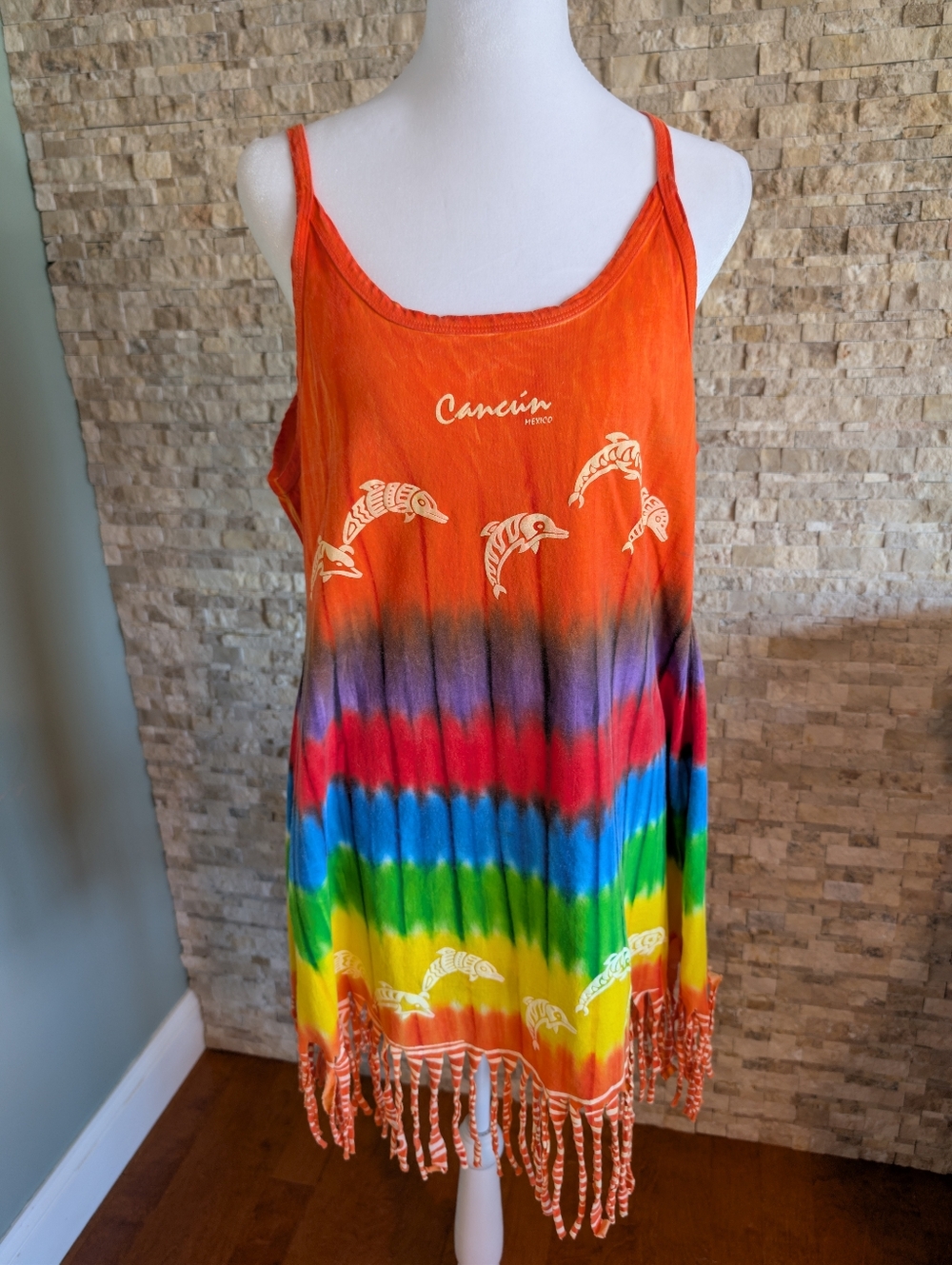 Vintage Cancun Mexico Rainbow Tie Dye Dolphin Fringe Tank Top Cover Up Festival
